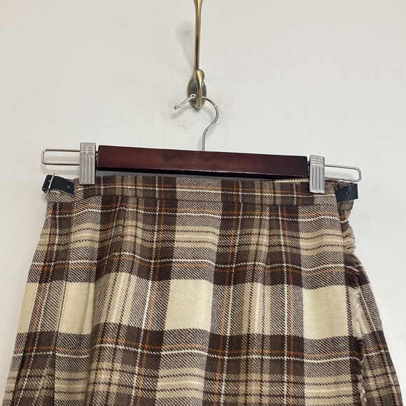 Vintage Kilt Womens XS Brown Cream Tartan Plaid Wool Pleated Midi Skirt Scotland - Picture 3 of 8